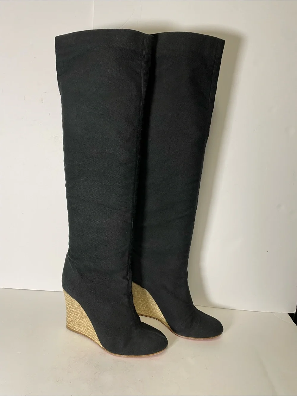 Christian Louboutin Black Wedge canvas espadrille knee high tall Boots 39/ 8.5